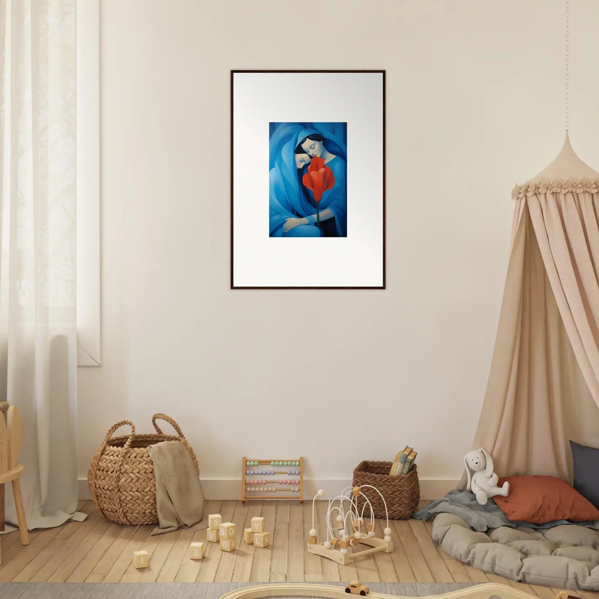 Framed canvas print of a blue and red abstract figure for room decoration, Hues Fuse Twilight