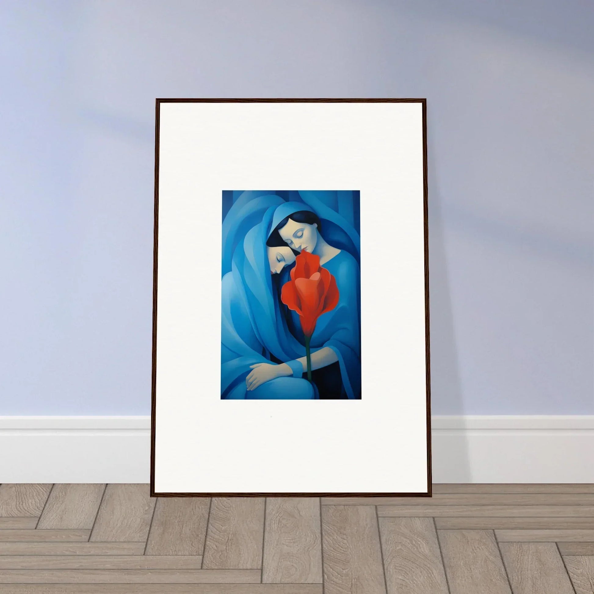 Framed canvas print of a red figure on blue, perfect for your Hues Fuse Twilight room decoration