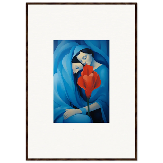 Framed canvas print of mother and child in blue, perfect for cozy room decoration