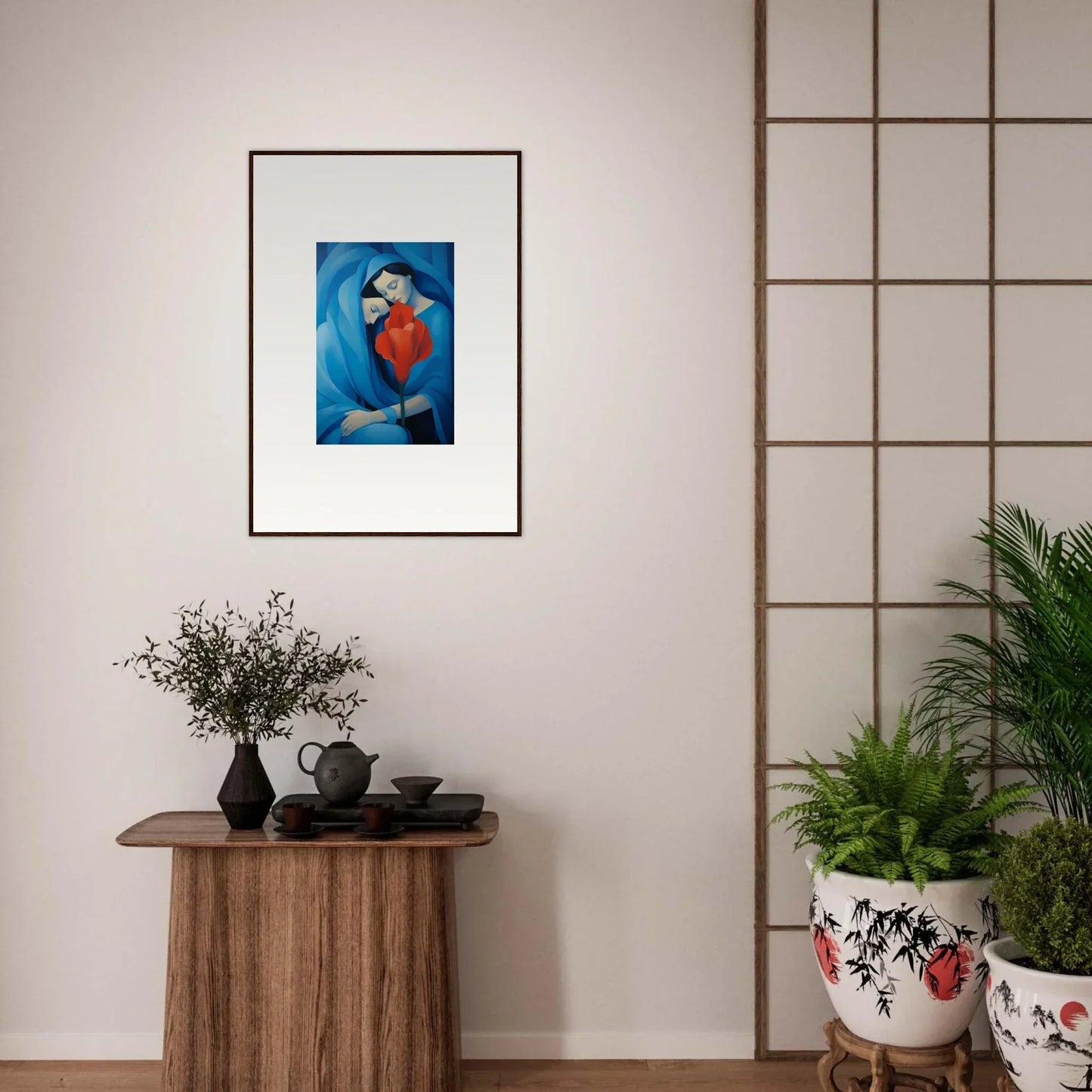 Framed canvas print of a blue-toned abstract figure for stylish room decoration