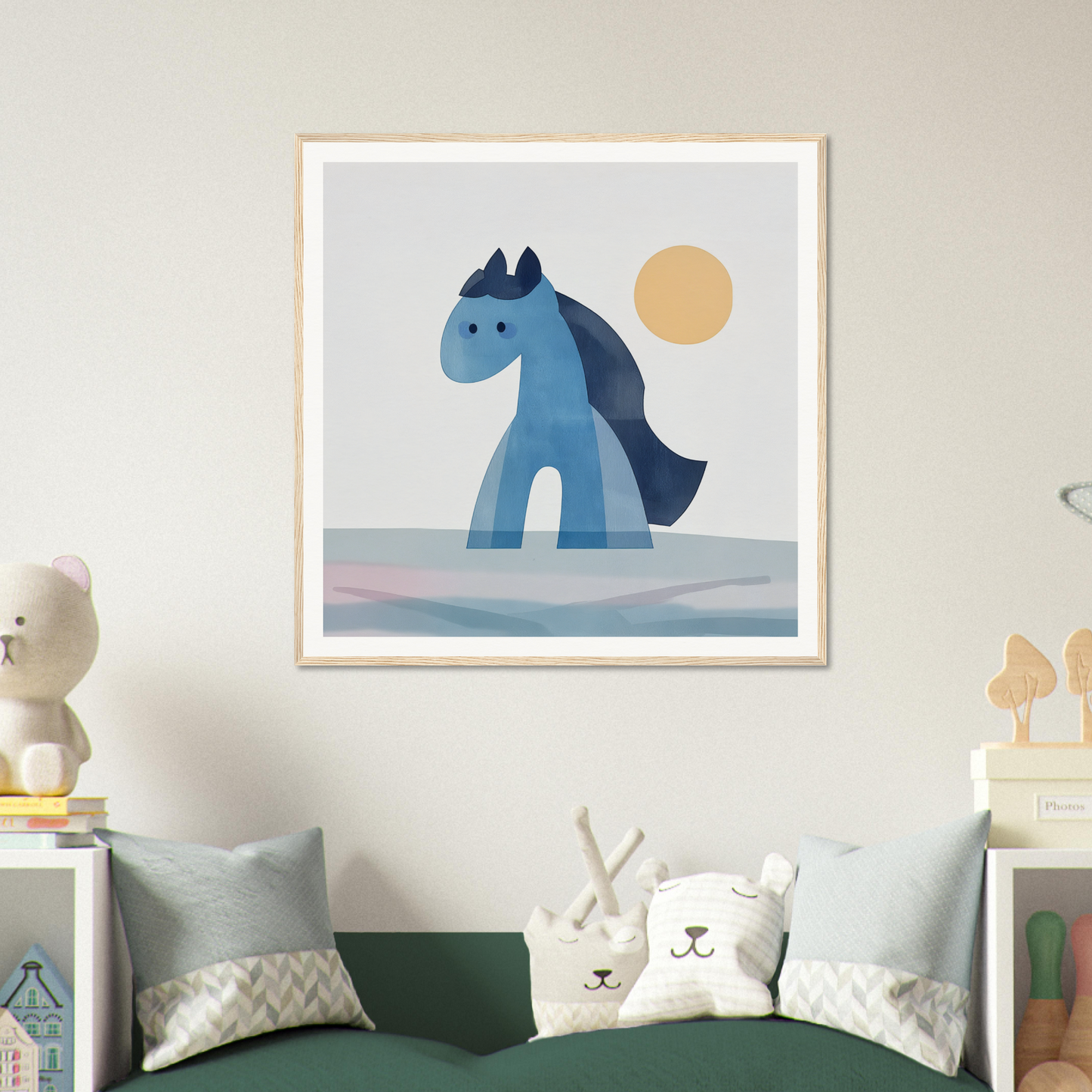 Blue cartoon horse illustration with dark mane against sun and sky for Hues Trot Souls