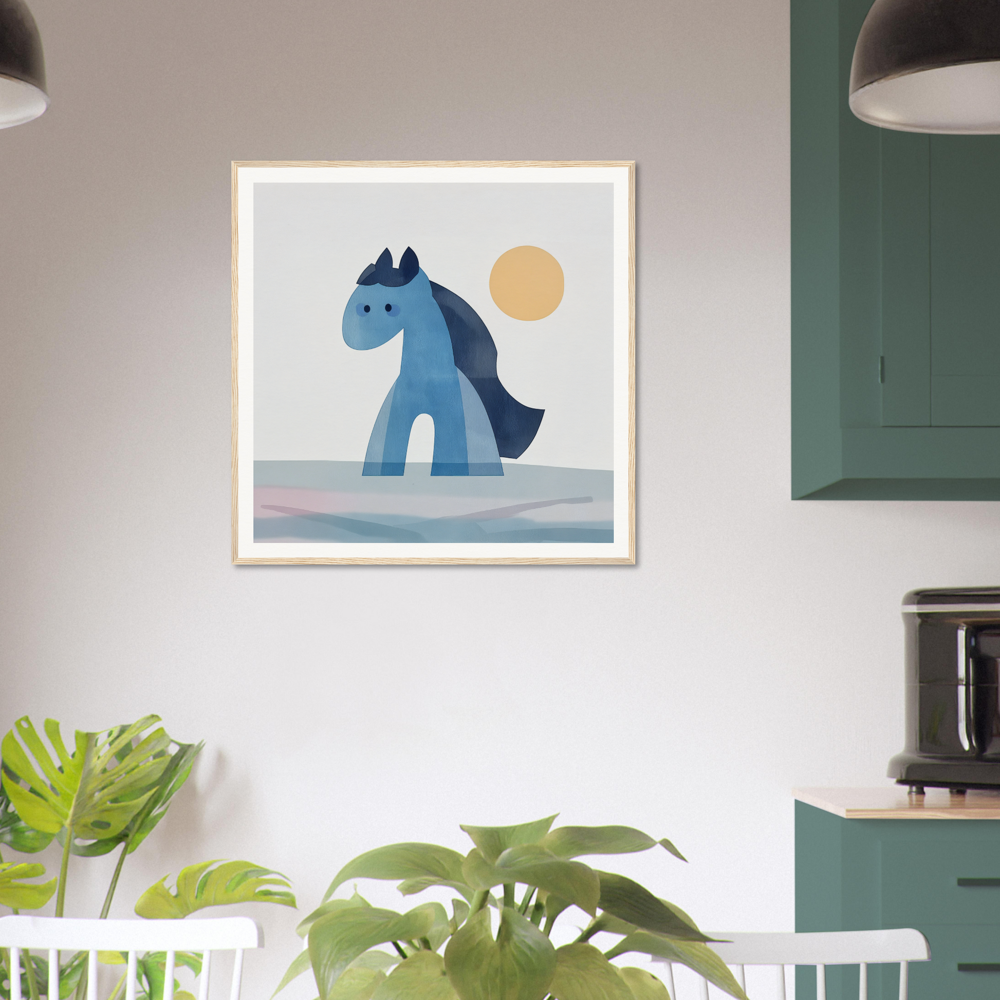 Framed artwork of a blue cartoon horse against sun and sky, Hues Trot Souls