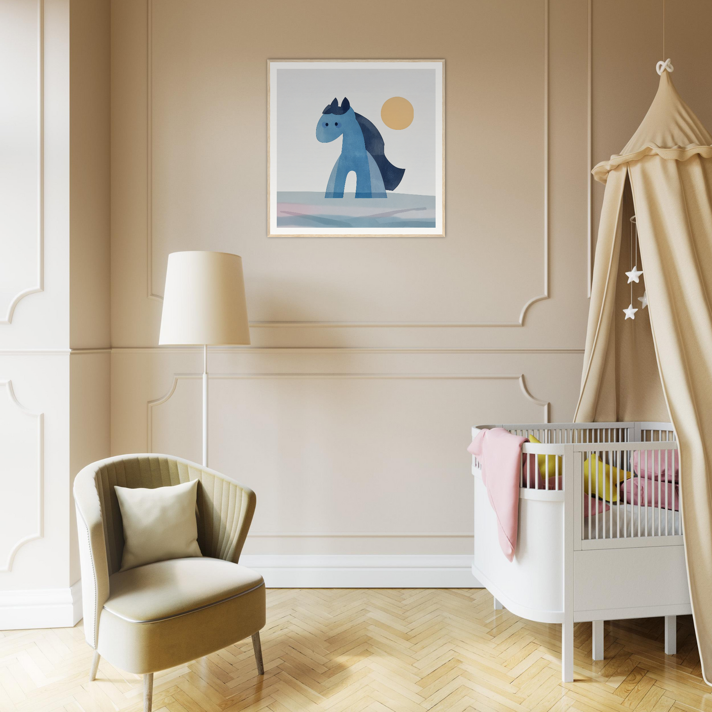 Nursery room featuring Hues Trot Souls blue horse artwork, canopy crib, and armchair