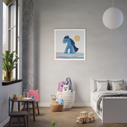 Framed illustration of a blue horse against a yellow sun for Hues Trot Souls