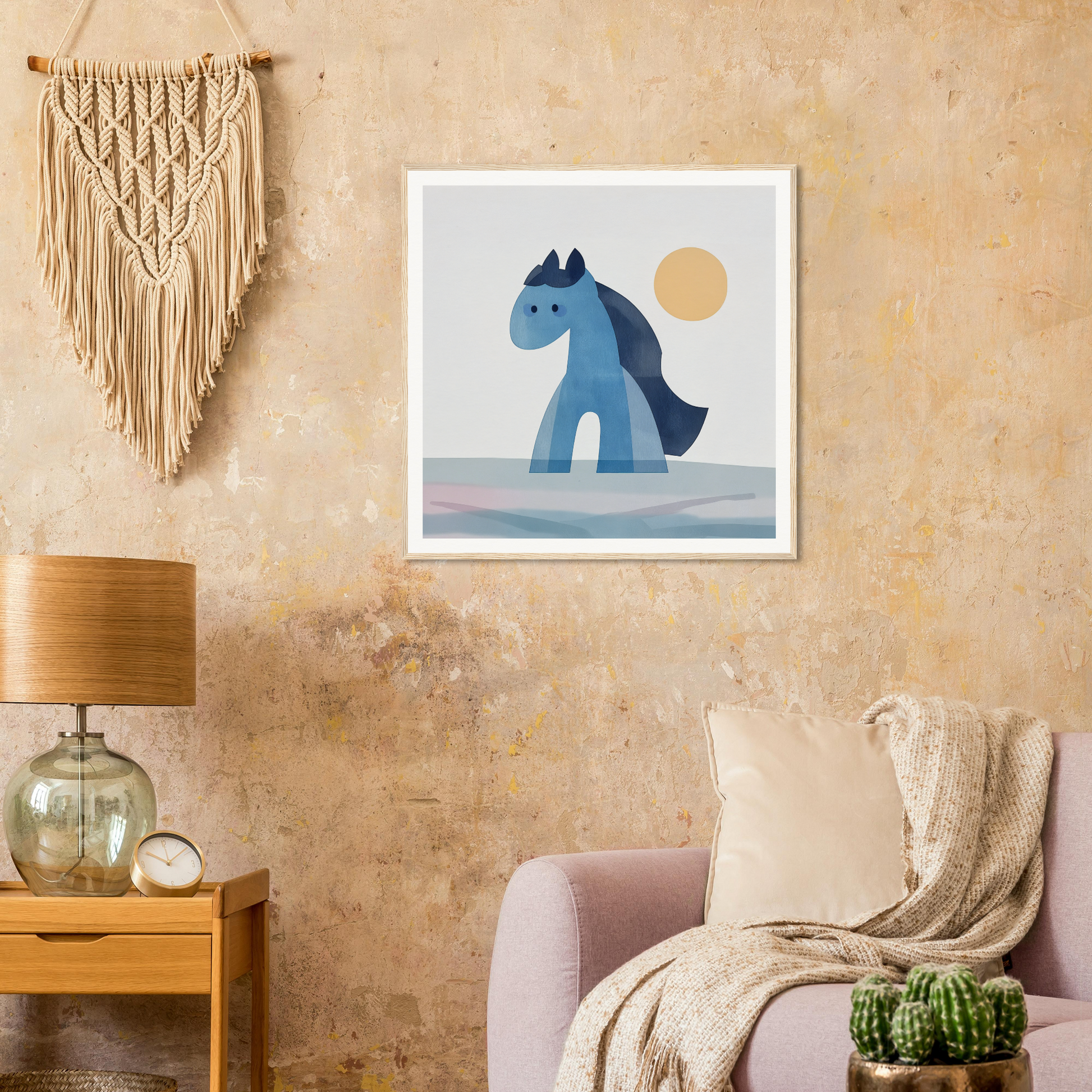 Framed minimalist artwork of a blue horse beneath a sun for Hues Trot Souls