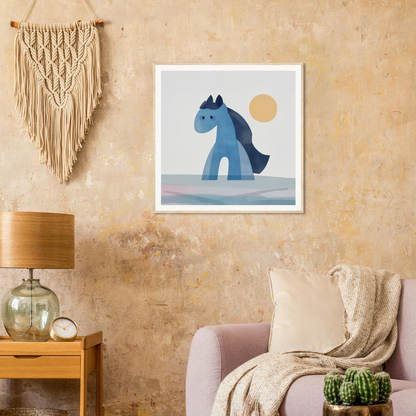 Framed minimalist artwork of a blue horse beneath a sun for Hues Trot Souls