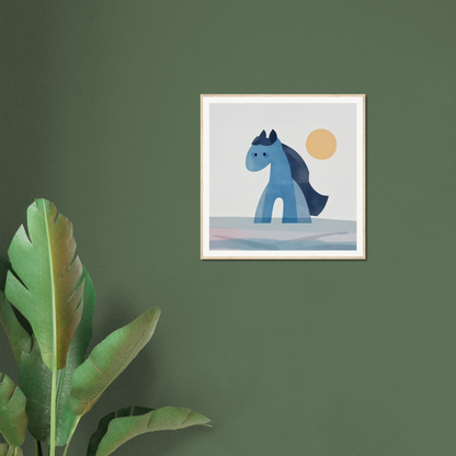 Framed artwork of a blue cartoon horse under a yellow sun in Hues Trot Souls