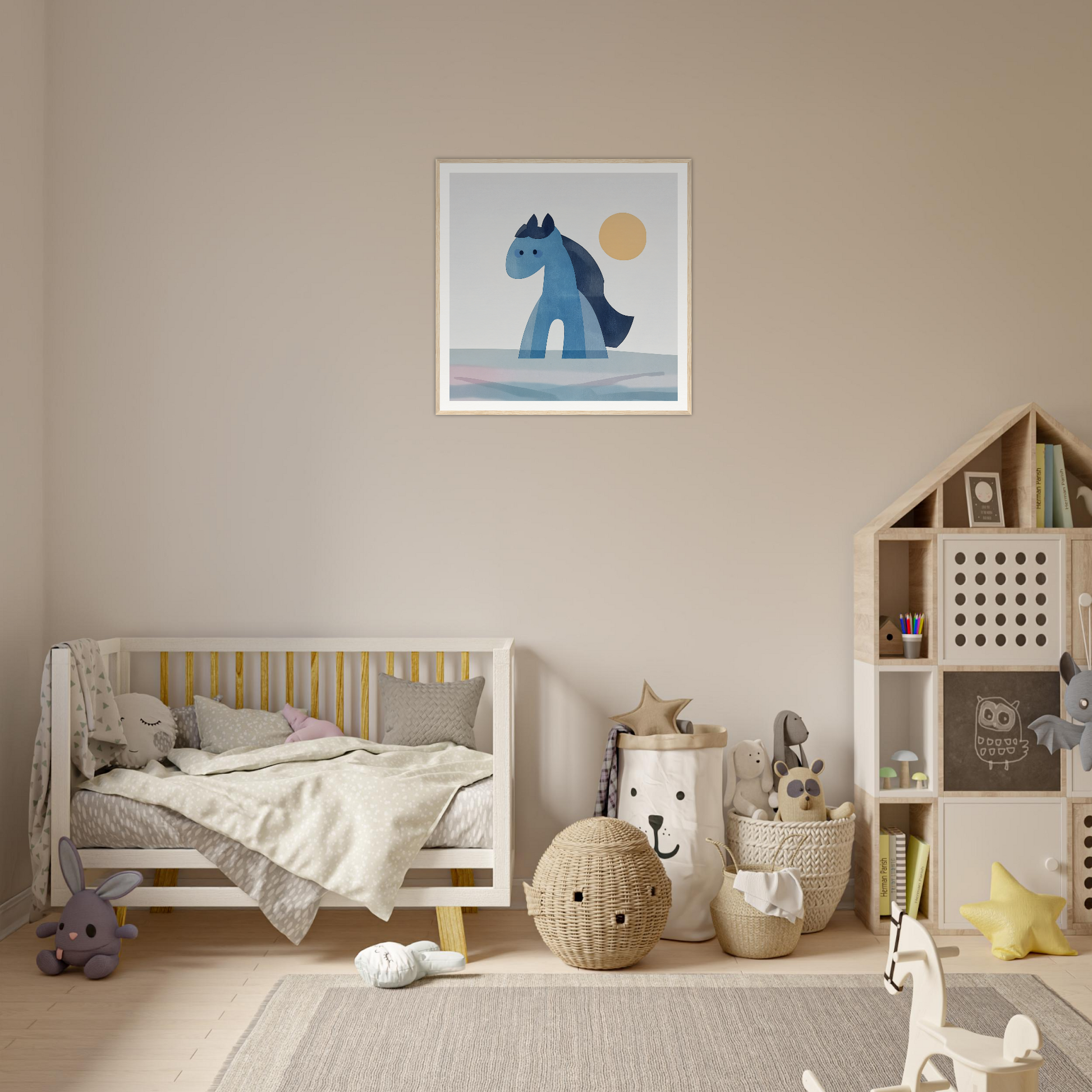 Cozy nursery with neutral decor and dinosaur art, inspired by Hues Trot Souls