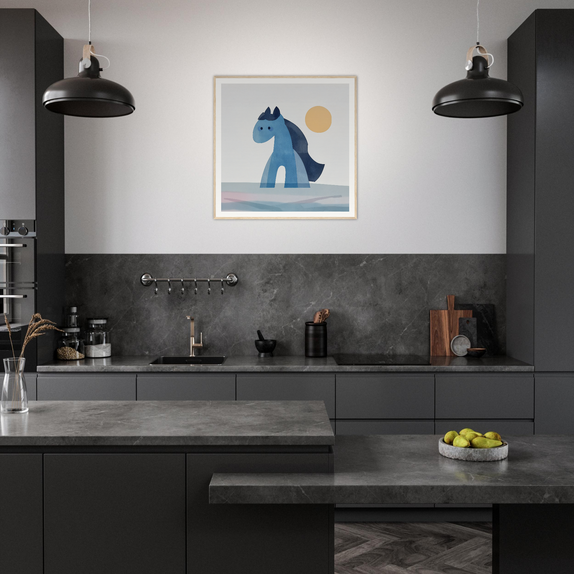 Modern dark gray kitchen featuring black pendant lights and Hues Trot Souls artwork