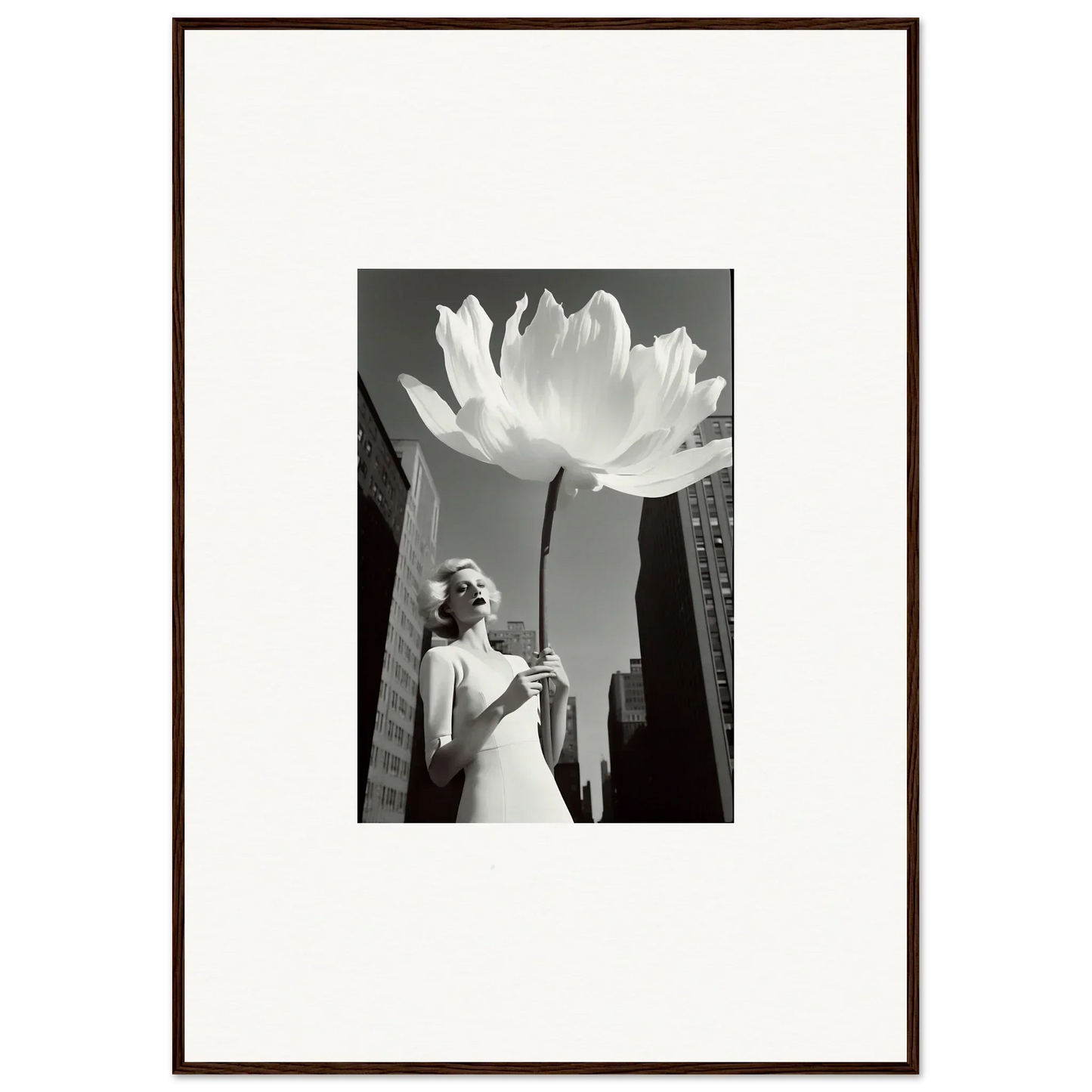 Framed black and white canvas print of a giant lotus flower for bloom reverie room decoration