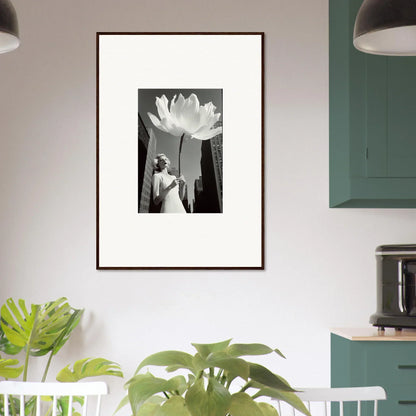 Framed black and white photo of a person under a giant lotus for bloom reverie decor