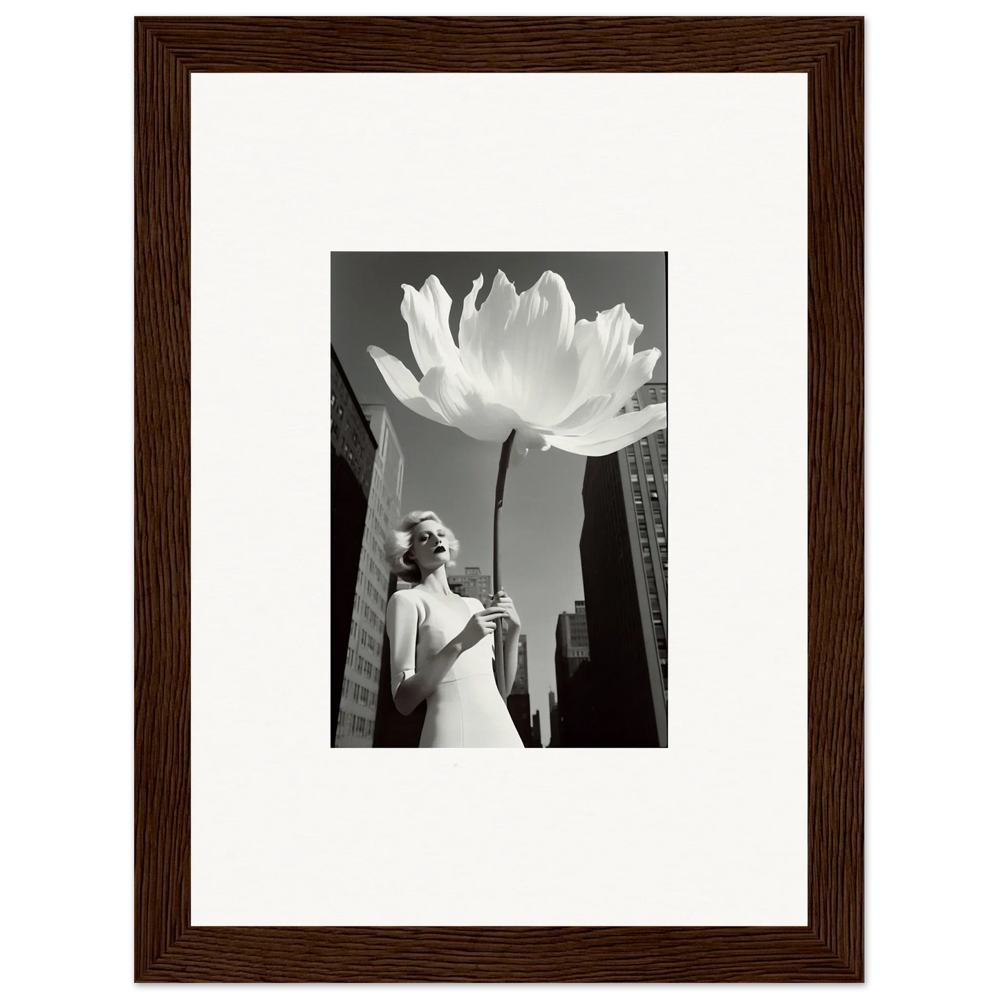 Giant flower over city buildings, perfect for a Bloom Reverie canvas print room decoration