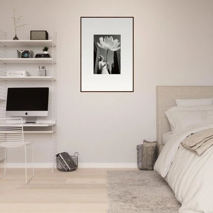 Minimalist bedroom with white walls and a floral canvas print for bloom reverie decor