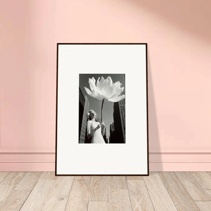 Framed black and white canvas print of Human Bloom Reverie with a cityscape backdrop