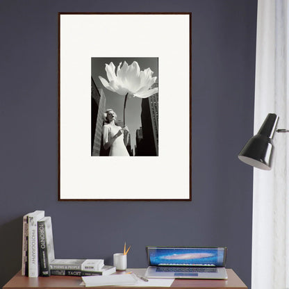 Framed black and white photo of a person under a big lotus for your bloom reverie decor