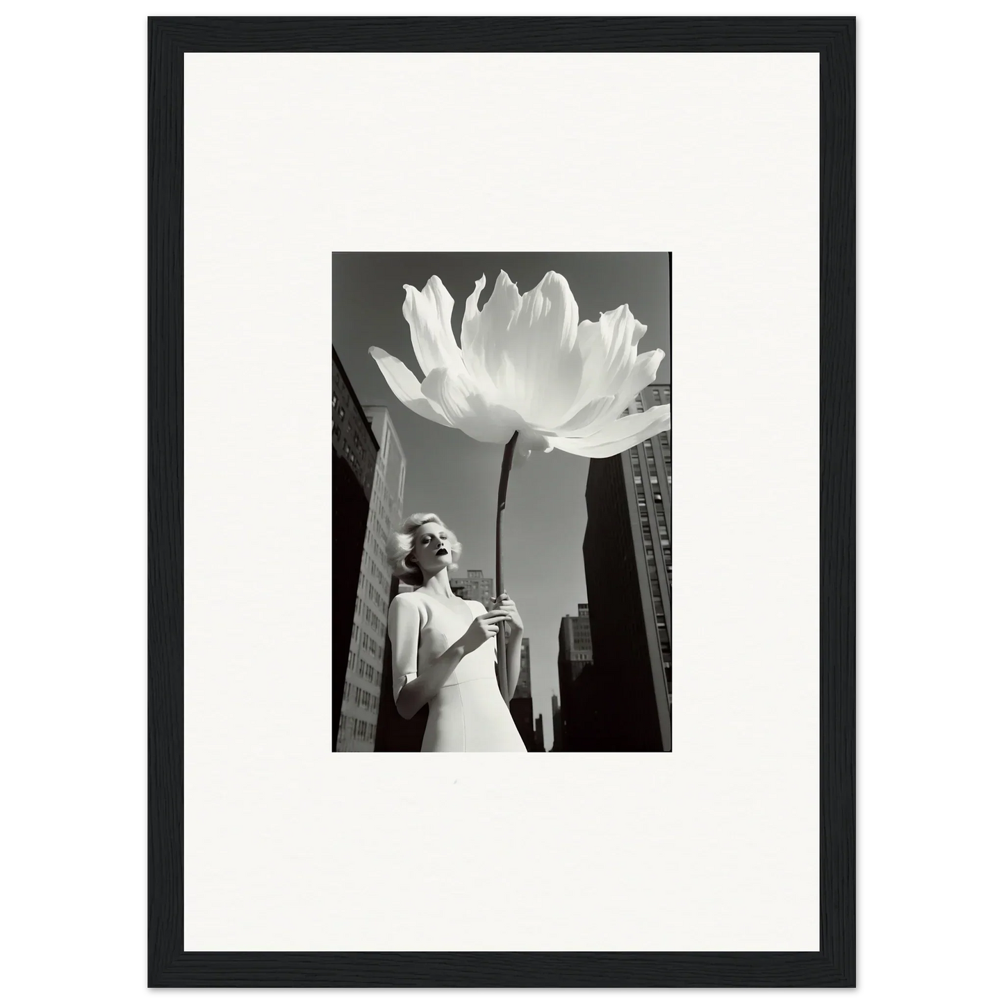 Giant flower over city skyline in Black and White - perfect for bloom reverie room decoration