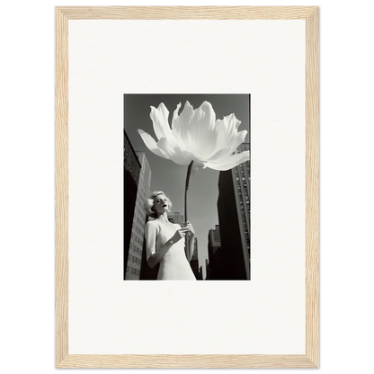 Framed black and white canvas print of a giant flower over a city, perfect for bloom reverie room decoration