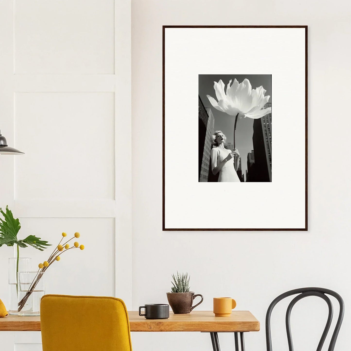 Framed black and white photo of a person under a bloom for room decoration and Bloom Reverie