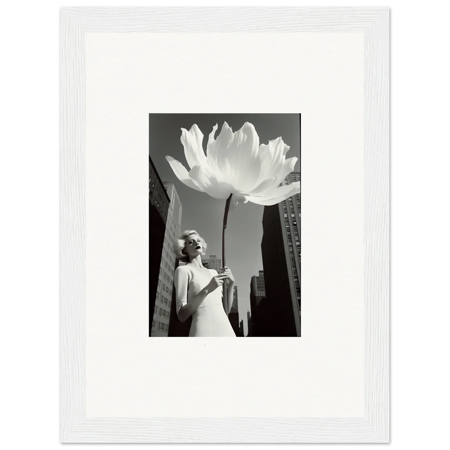 Black and white photo of a person with a big flower, perfect for bloom reverie room decoration