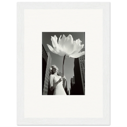 Black and white photo of a person with a big flower, perfect for bloom reverie room decoration