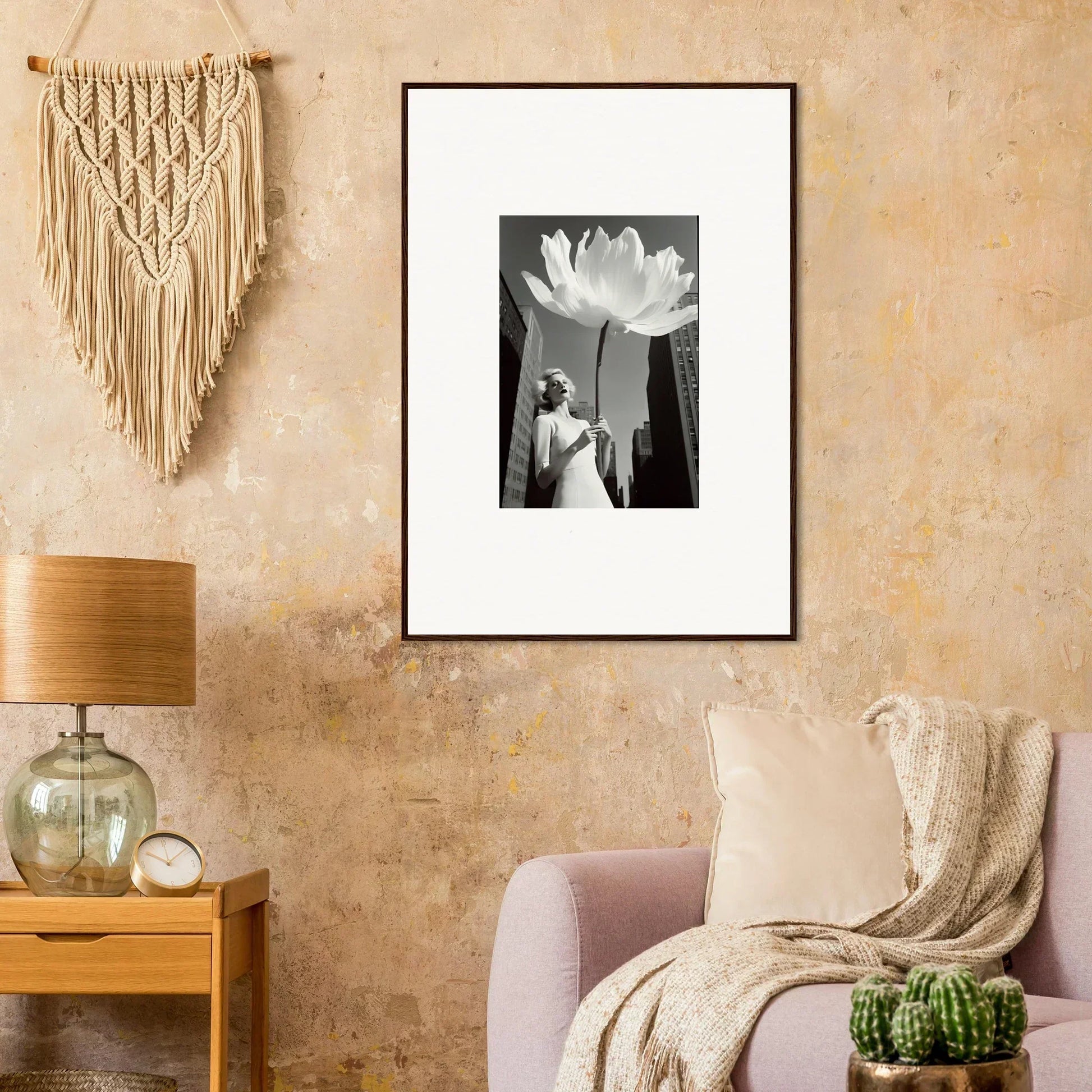 Framed black and white lotus photo with skyscrapers for a stunning bloom reverie canvas print