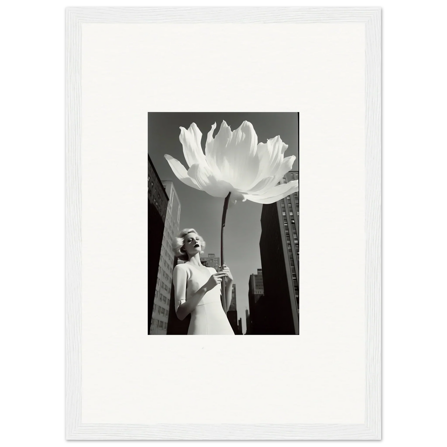 Surreal black and white canvas print of a giant flower over city skyline for bloom reverie room decoration