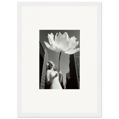 Surreal black and white canvas print of a giant flower over city skyline for bloom reverie room decoration