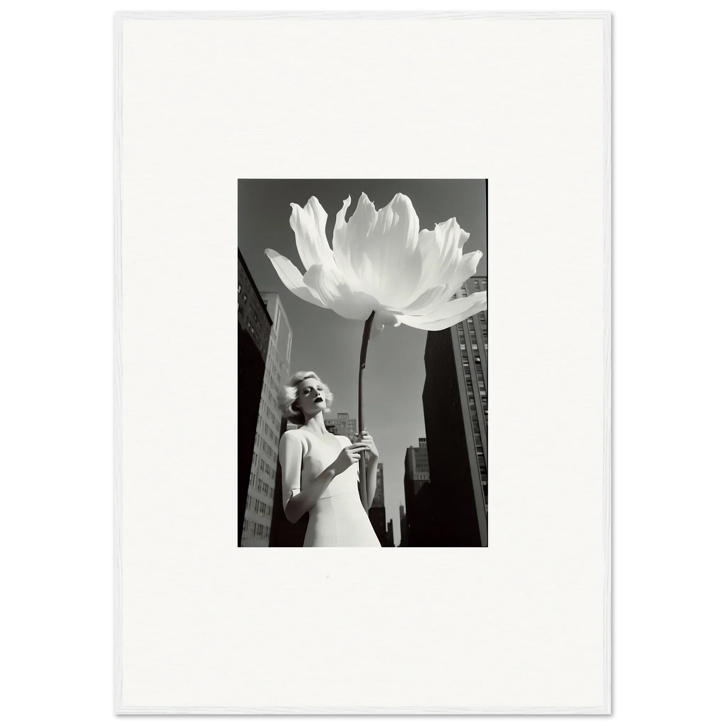 Surreal black and white canvas print of a giant lotus flower in a city, perfect for bloom reverie room decoration