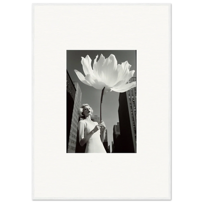 Surreal black and white canvas print of a giant lotus flower in a city, perfect for bloom reverie room decoration