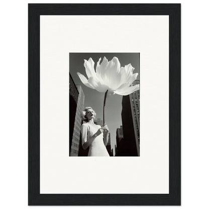 Black and white photo of a woman with a big lotus for an urban bloom reverie canvas print