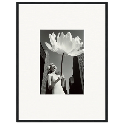 Black and white canvas print of a woman with a giant flower for a unique room decoration