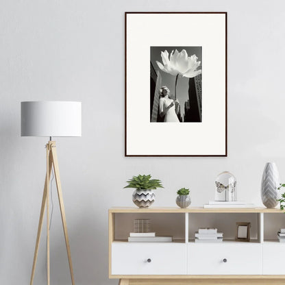 Framed black and white lotus flower and silhouette canvas print for bloom reverie room decoration