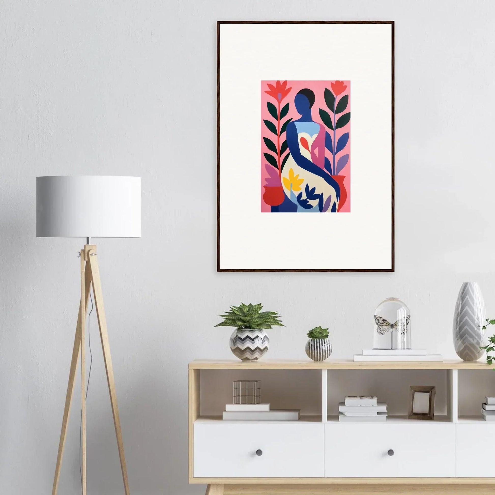 Framed abstract canvas print of a stylized figure in a colorful succulent dream