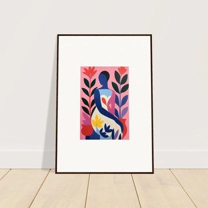 Framed canvas print of a stylized human figure with colorful floral elements for room decoration