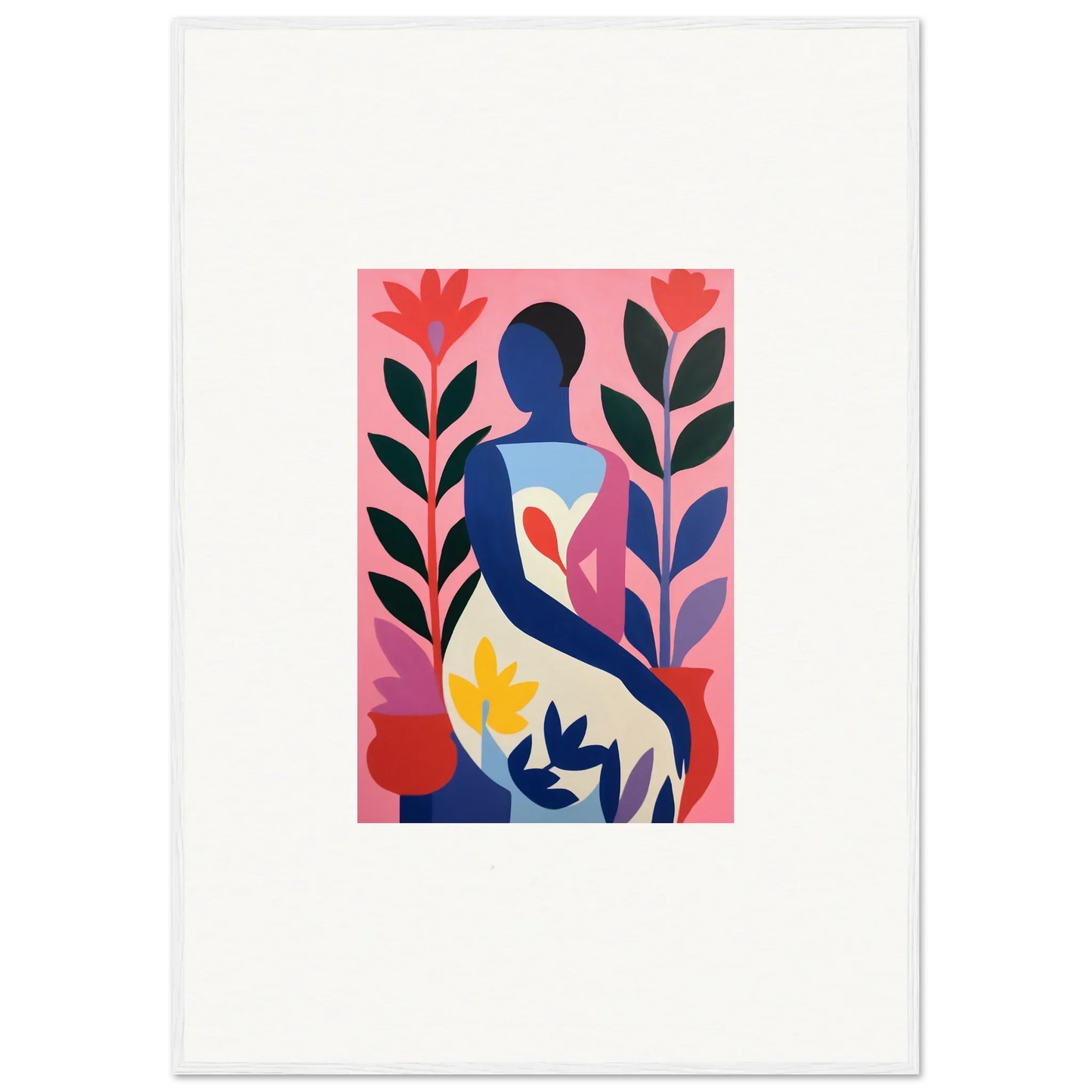 Stylized abstract figure with colorful plants on pink, perfect for a Succulent Dream canvas print