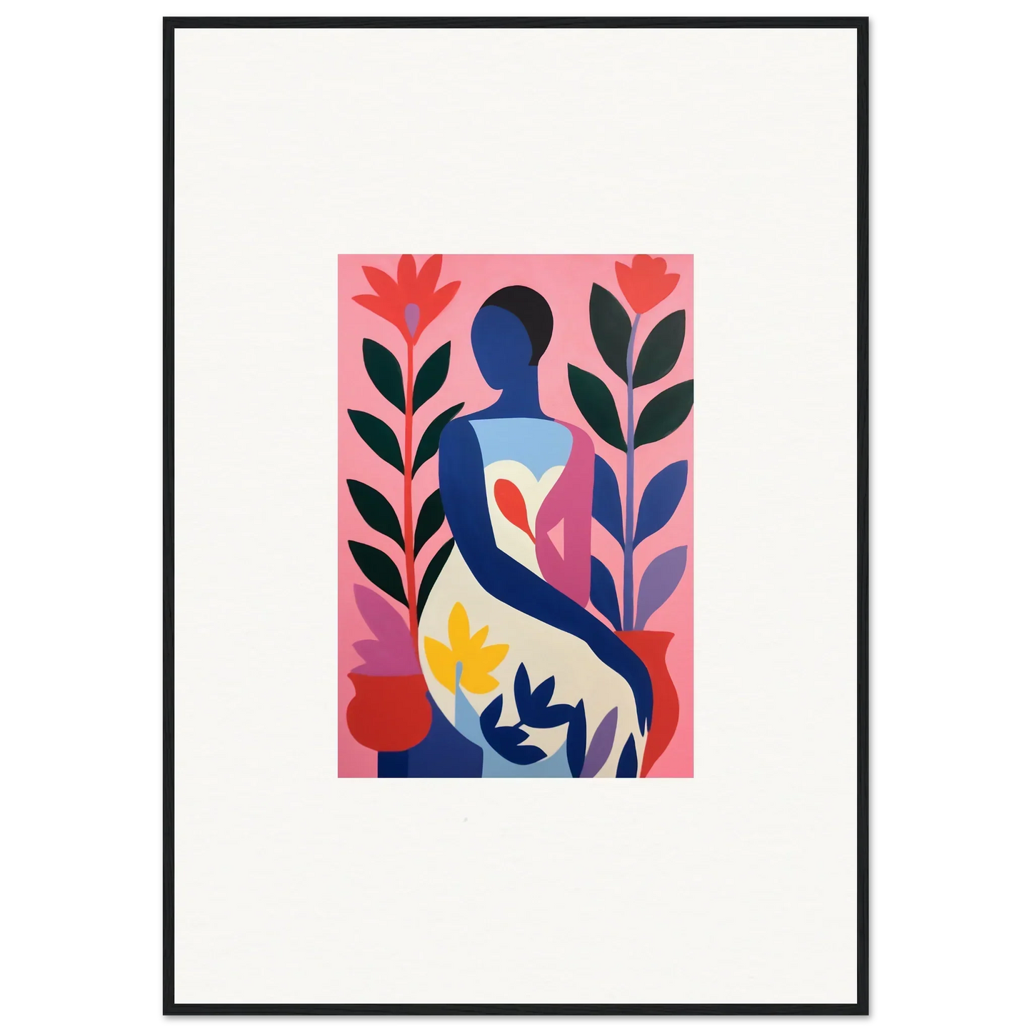 Abstract figure amid colorful plants on pink, perfect for a Succulent Dream canvas print