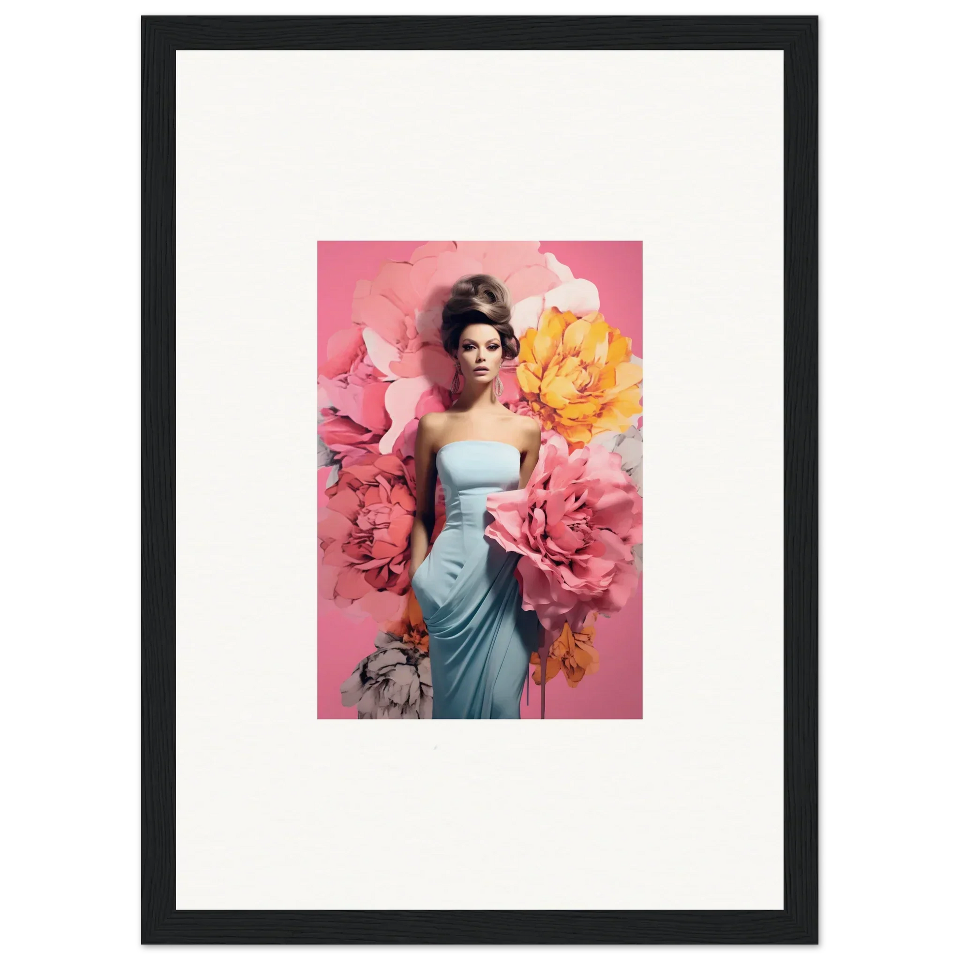 Framed Hydrangea Goddess Inversion art featuring a figure in a blue dress with floral elements