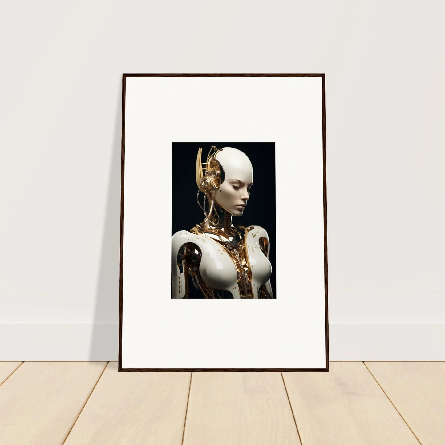 Framed portrait of a humanoid robot, perfect for a Dream Machine-themed room decoration