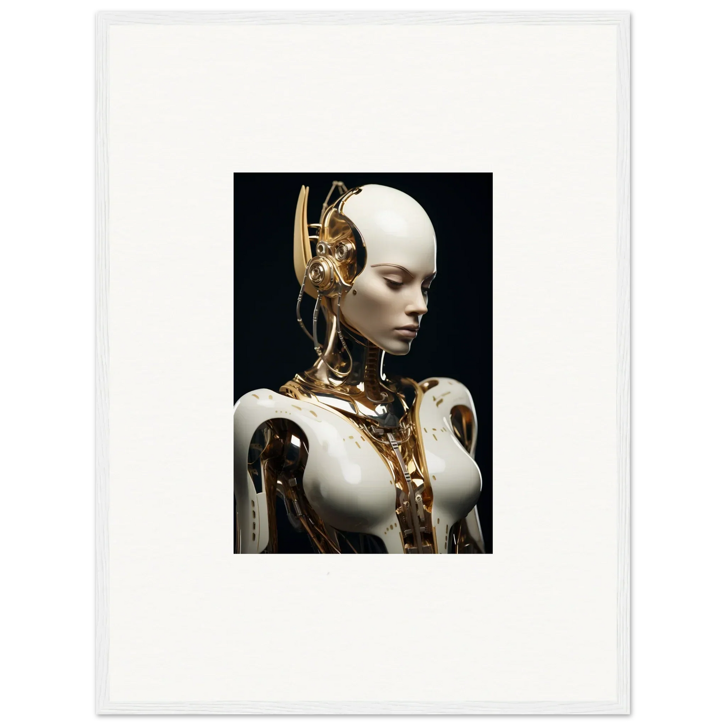 Humanoid robot with white and gold details, perfect for a Hyperspace Dream Machine vibe