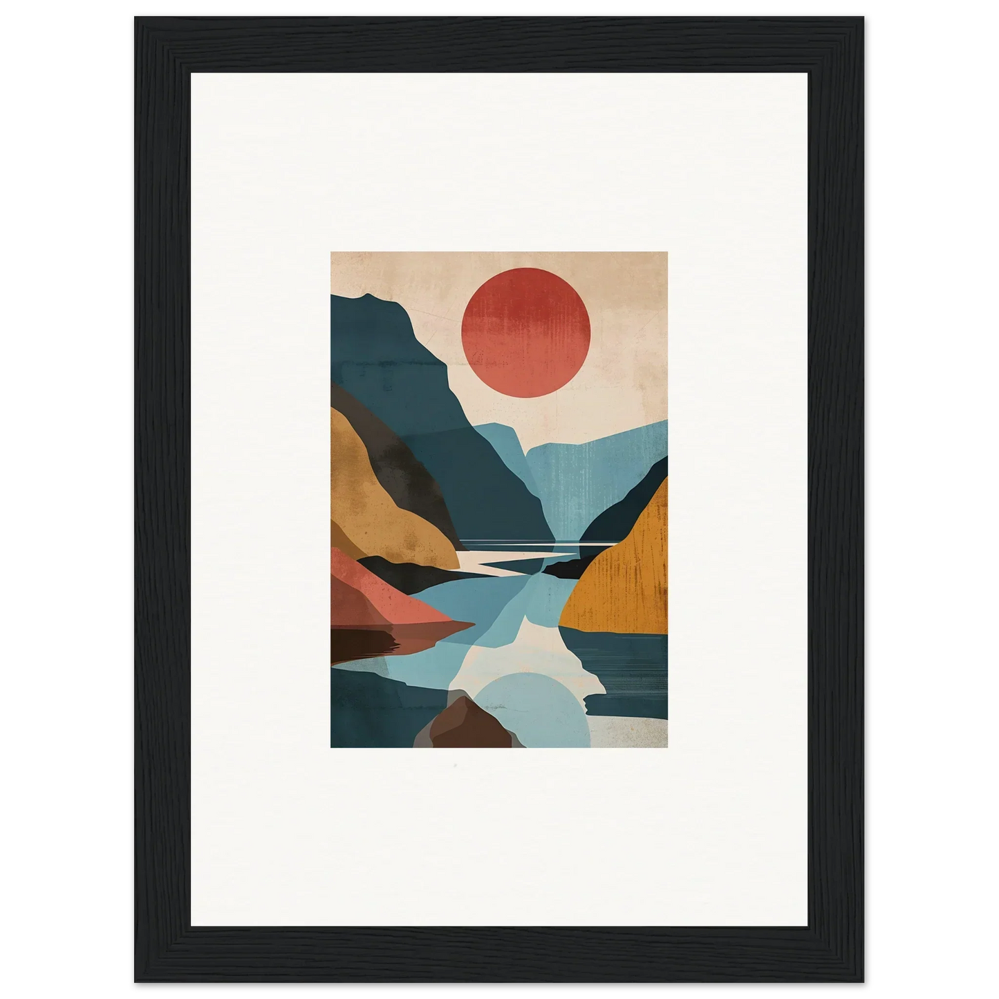 Framed canvas print of Hypnotic Horizon Echoes with abstract mountains and river design