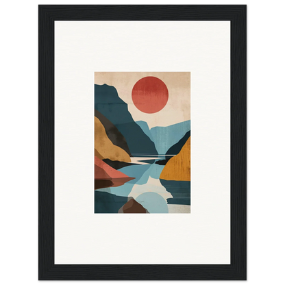 Framed canvas print of Hypnotic Horizon Echoes with abstract mountains and river design