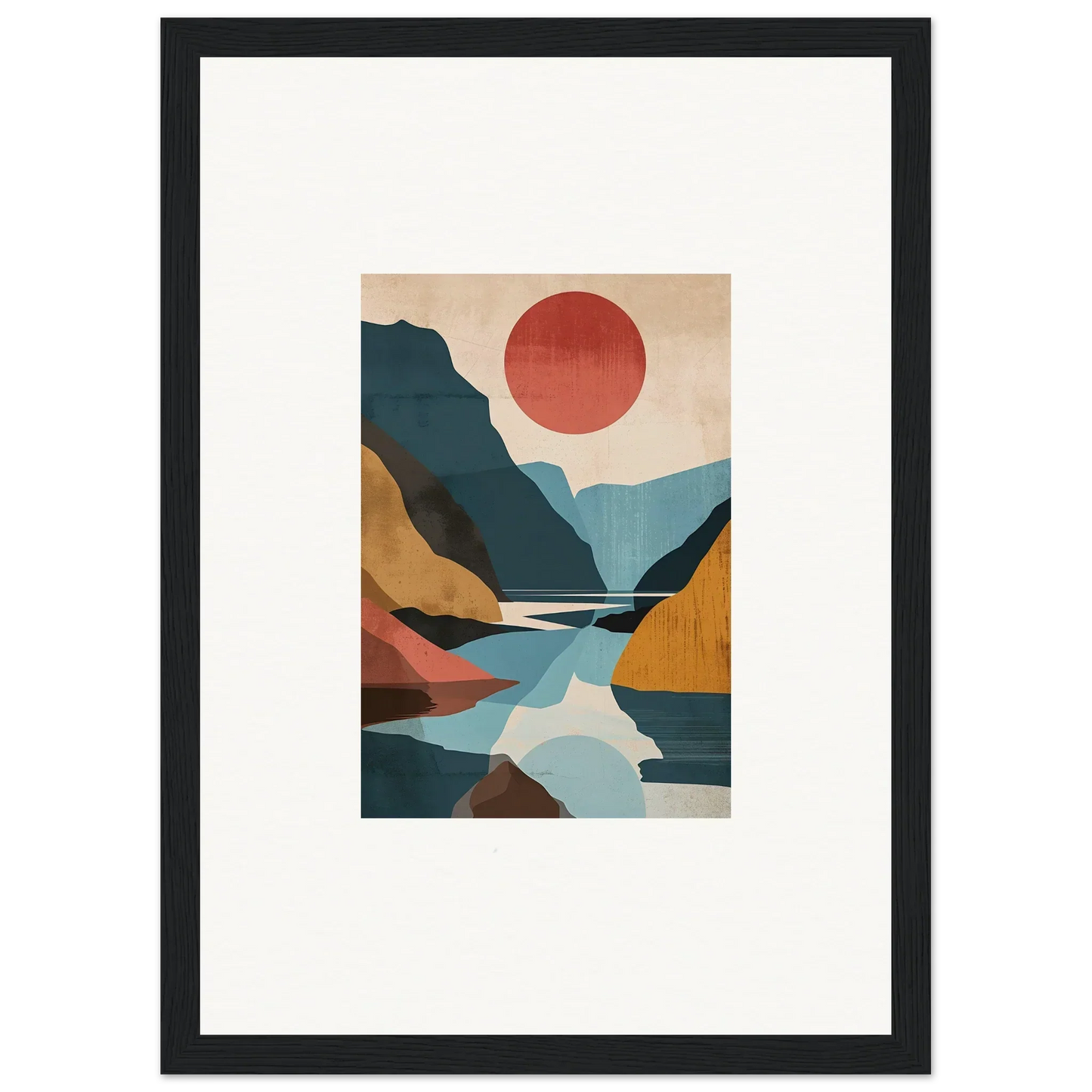 Framed canvas print of Hypnotic Horizon Echoes with mountains, river, and red sun