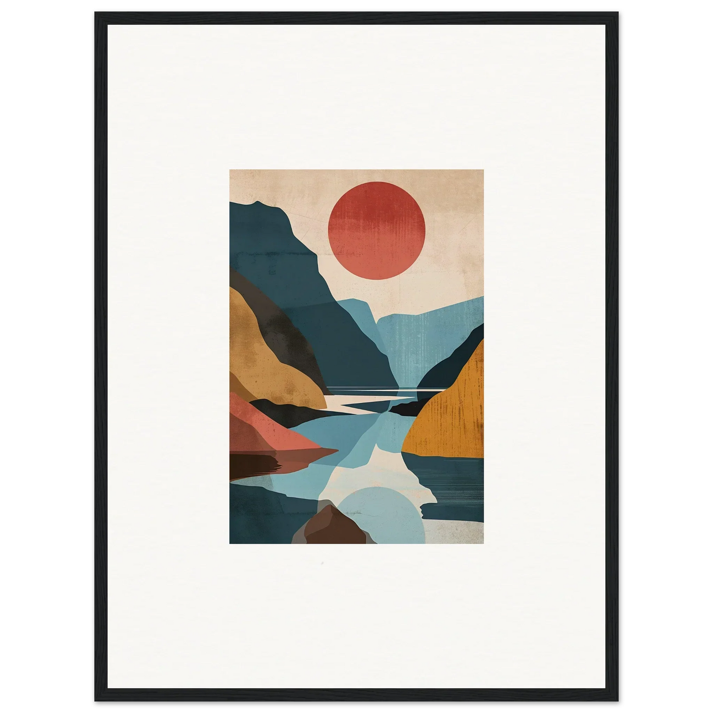 Abstract landscape canvas print featuring horizon echoes with mountains, river, and red sun