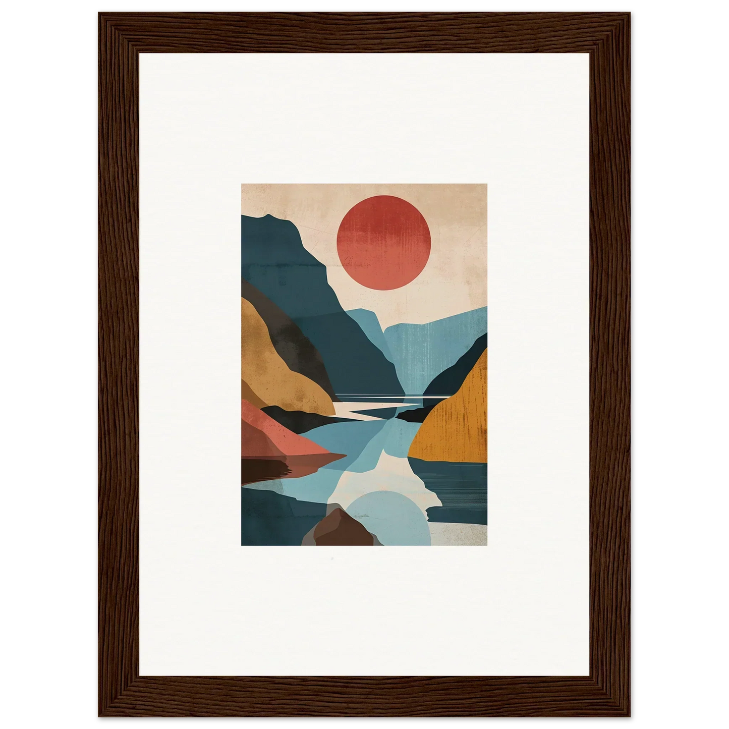 Framed canvas print of Hypnotic Horizon Echoes with abstract mountains and a red sun