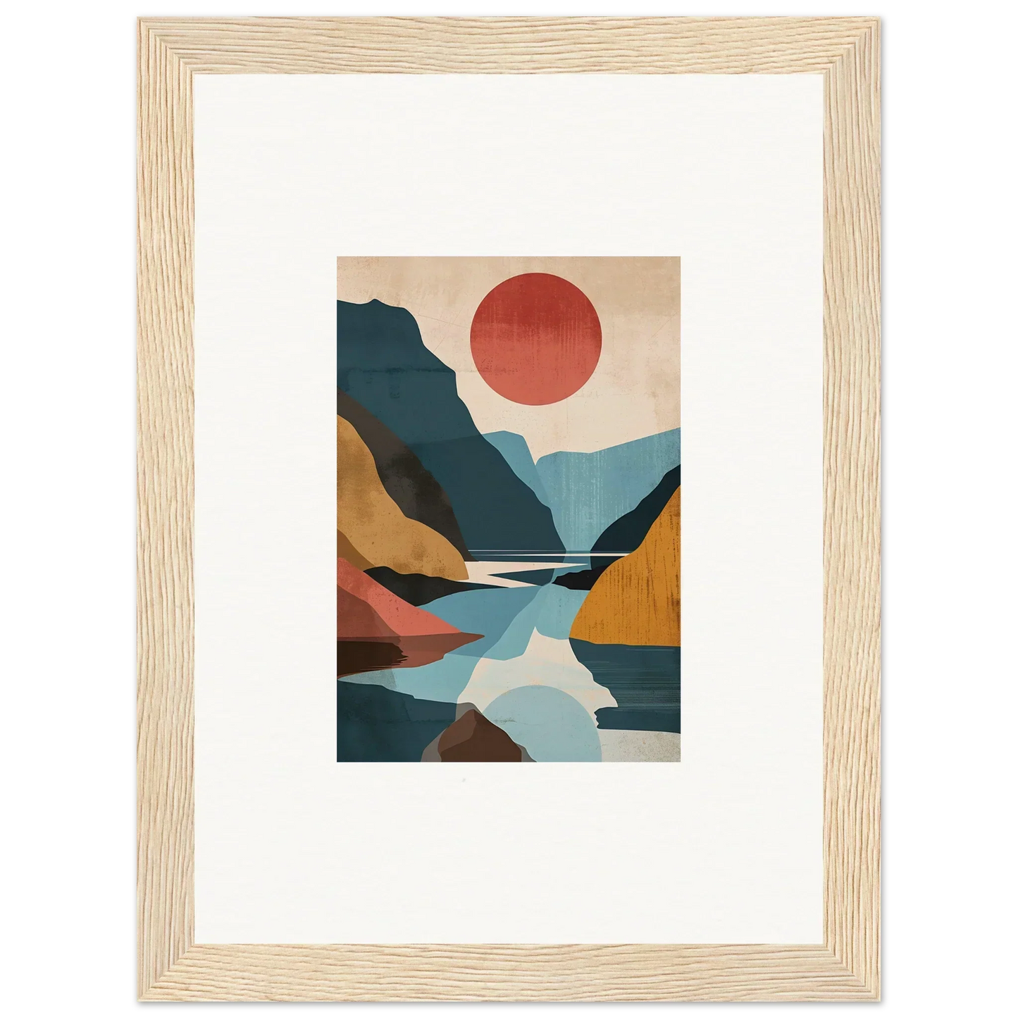 Framed canvas print of Hypnotic Horizon Echoes with mountains, water, and a red sun