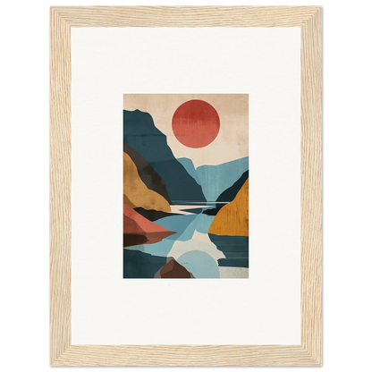 Framed canvas print of Hypnotic Horizon Echoes with mountains, water, and a red sun