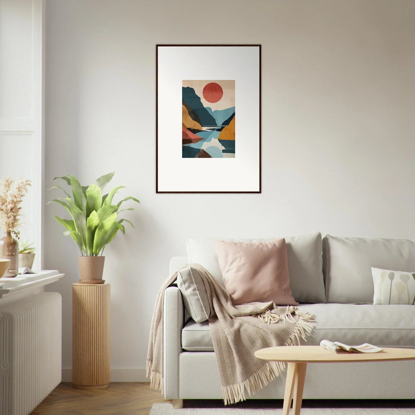 Framed abstract landscape canvas print with mountains, water, and horizon echoes sun