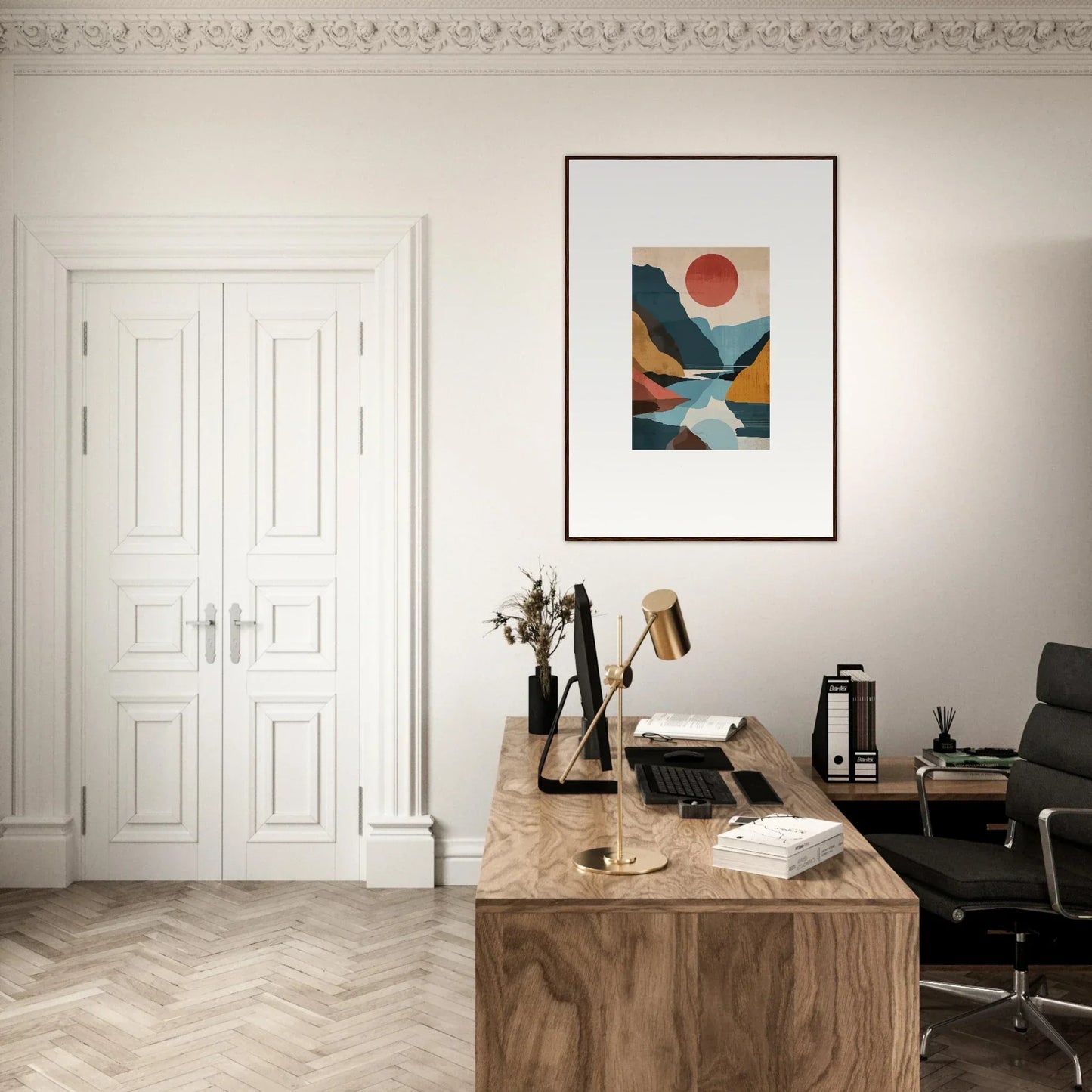 Minimalist workspace with a wooden desk, typewriter, and books for perfect room decoration