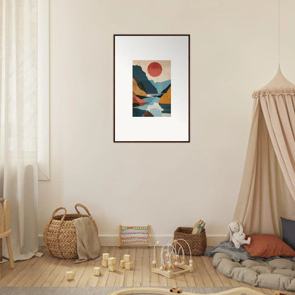 Framed abstract landscape canvas print of mountains, water, and a red sun for room decoration