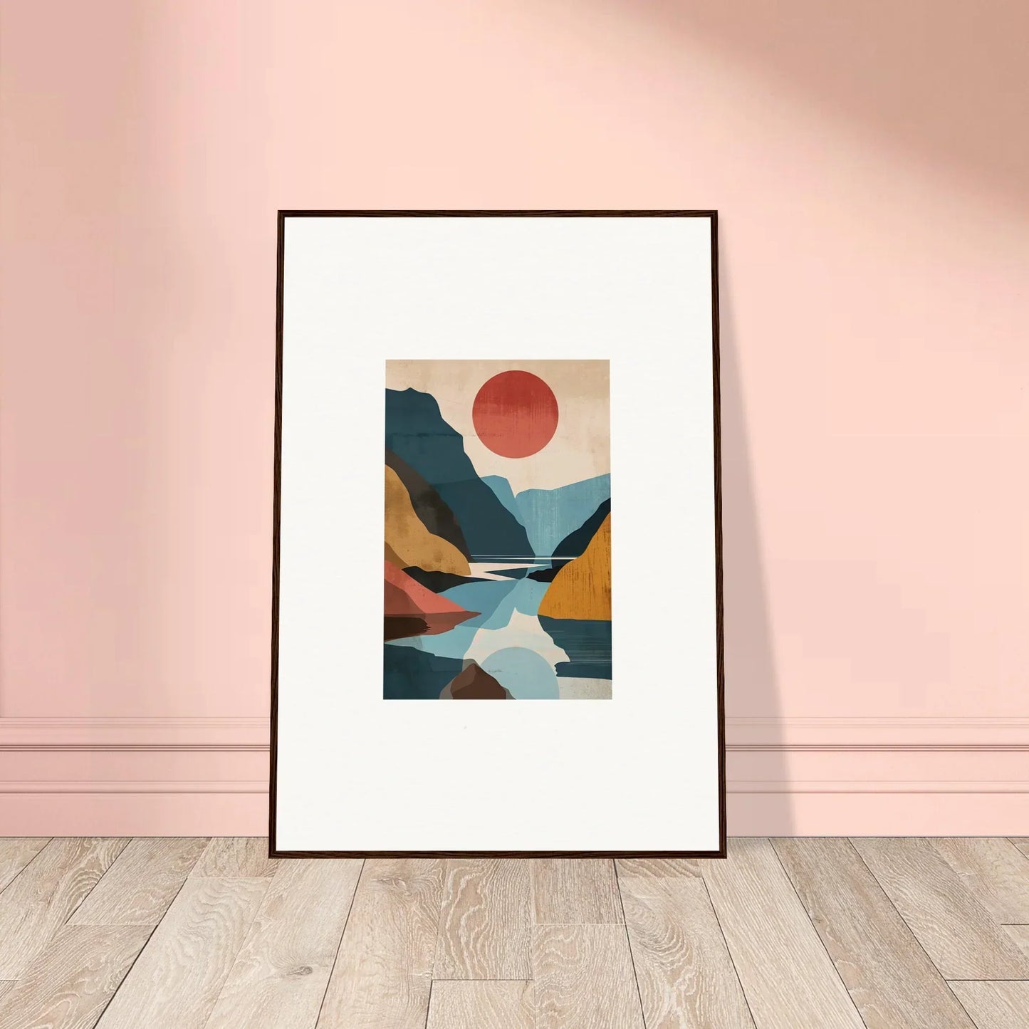 Framed canvas print of Hypnotic Horizon Echoes with geometric mountains and a red sun